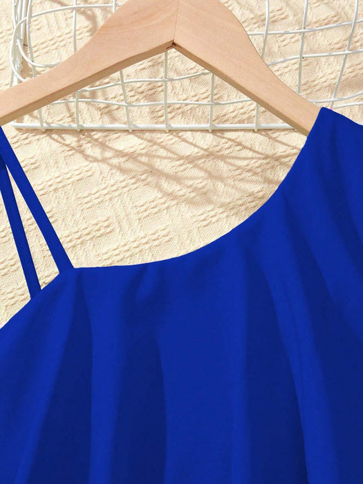 Shein Mono holgado de color liso con cuello asimétrico, volantes y pernera ancha