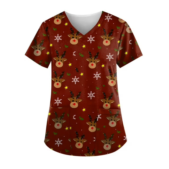 Blusa de uniforme médico de manga corta con estampado de copos de nieve