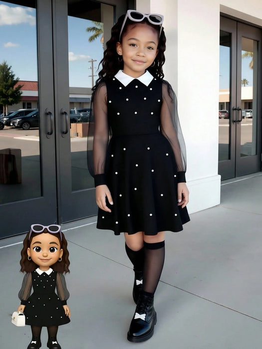 SHEIN Vestido con cuello de camisa y mangas de malla con decoración de perlas para niñas