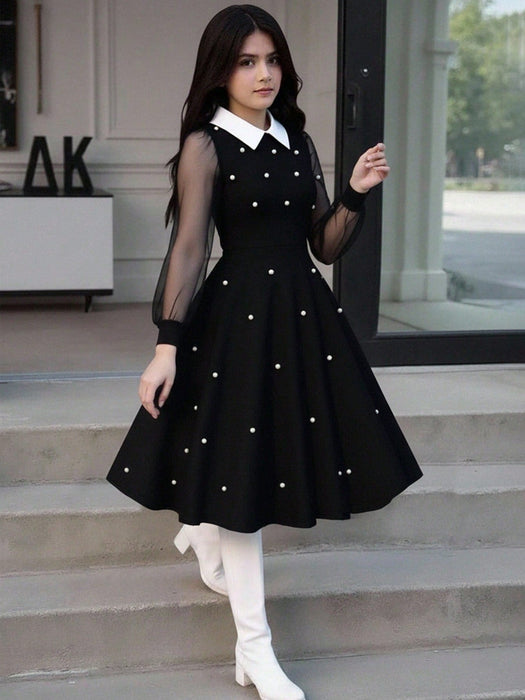 SHEIN Vestido con cuello de camisa y mangas de malla con decoración de perlas para niñas