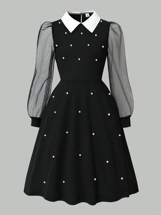 SHEIN Vestido con cuello de camisa y mangas de malla con decoración de perlas para niñas