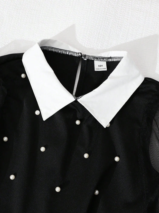 SHEIN Vestido con cuello de camisa y mangas de malla con decoración de perlas para niñas