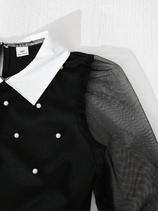 SHEIN Vestido con cuello de camisa y mangas de malla con decoración de perlas para niñas