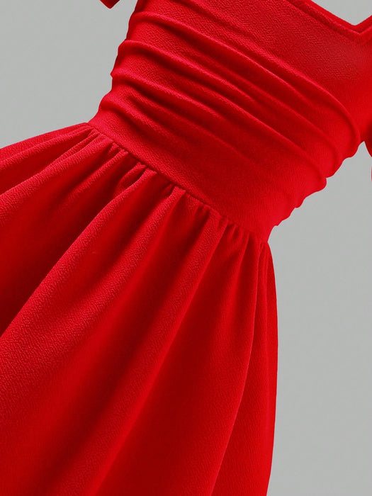 SHEIN Vestido de punto con cuello cuadrado, mangas abultadas y cuentas