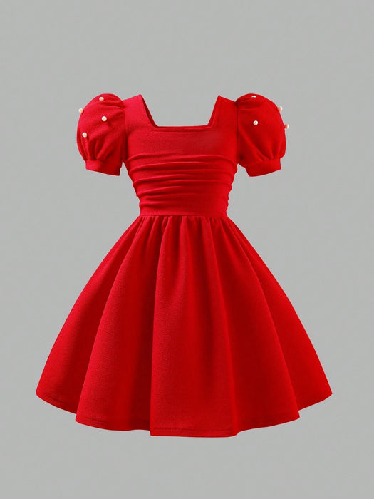 SHEIN Vestido de punto con cuello cuadrado, mangas abultadas y cuentas
