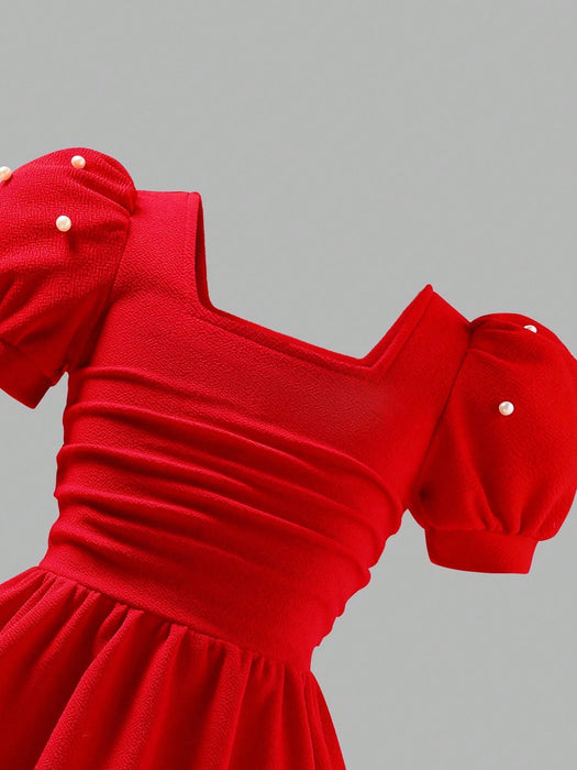 SHEIN Vestido de punto con cuello cuadrado, mangas abultadas y cuentas