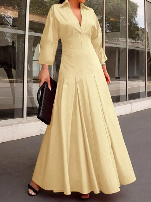 Vestido largo elegante de mujer con cuello en V con manga larga y bajo acampanado