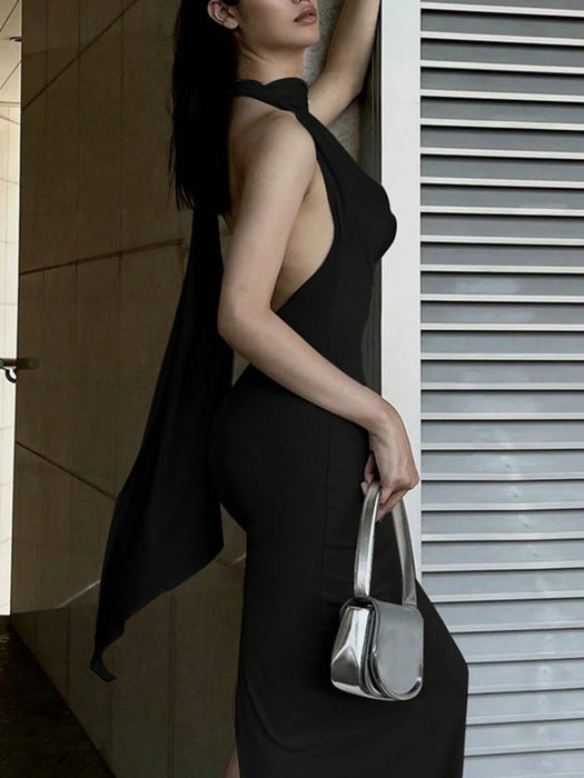 SHEIN Vestido negro de verano con escote en V profundo y calado, sexy para fiesta