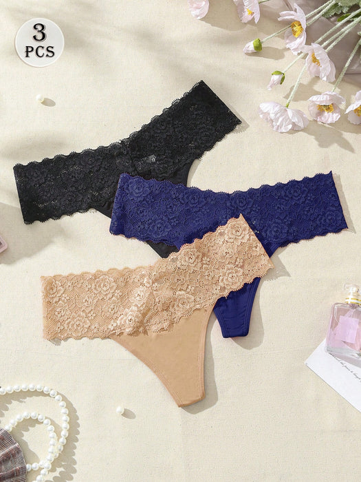 SHEIN Wedaily Set de 3 tangas de encaje de contraste sexy y multicolor para mujer