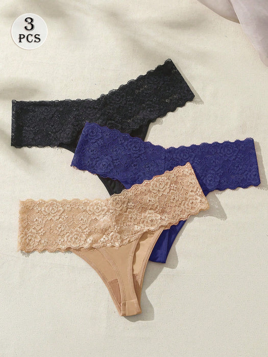 SHEIN Wedaily Set de 3 tangas de encaje de contraste sexy y multicolor para mujer