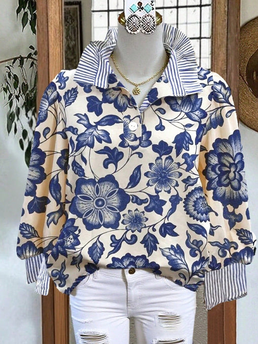 SHEIN Camisa de manga larga con cuello en V y botones, estilo casual, con estampado floral