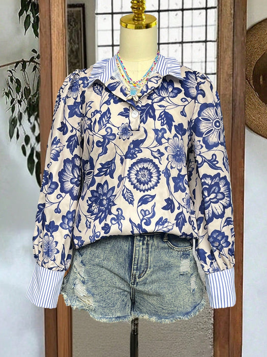 SHEIN Camisa de manga larga con cuello en V y botones, estilo casual, con estampado floral