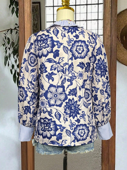 SHEIN Camisa de manga larga con cuello en V y botones, estilo casual, con estampado floral