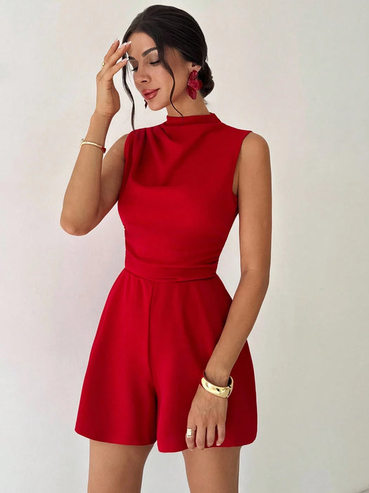 SHEIN Mono corto elegante de mujer con volantes rojos y corte en A