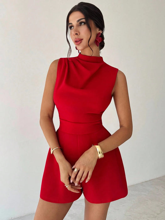 SHEIN Mono corto elegante de mujer con volantes rojos y corte en A