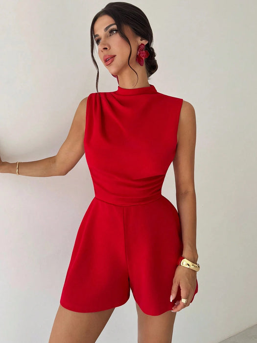 SHEIN Mono corto elegante de mujer con volantes rojos y corte en A