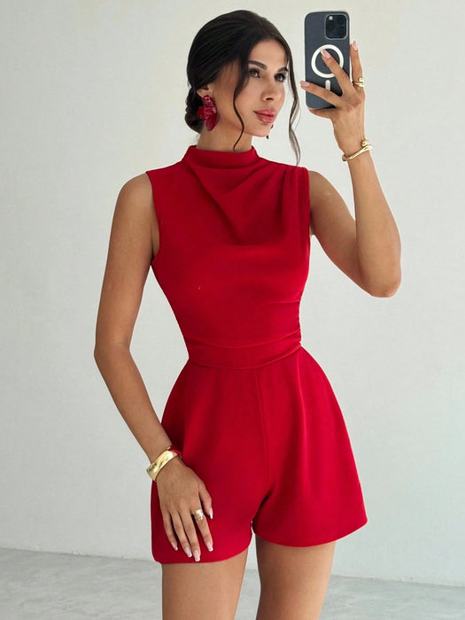 SHEIN Mono corto elegante de mujer con volantes rojos y corte en A