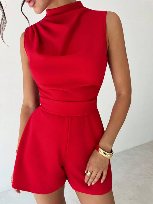 SHEIN Mono corto elegante de mujer con volantes rojos y corte en A