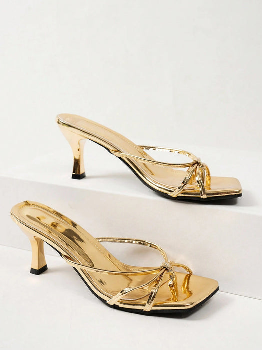 SHEIN Sandalias de tacón alto doradas con diseño de tiras múltiples y punta cuadrada