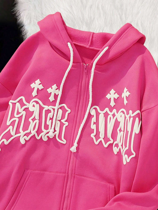 Shein Sudadera de manga larga con capucha, cordón ajustable y estampado de letras cruzadas para mujer