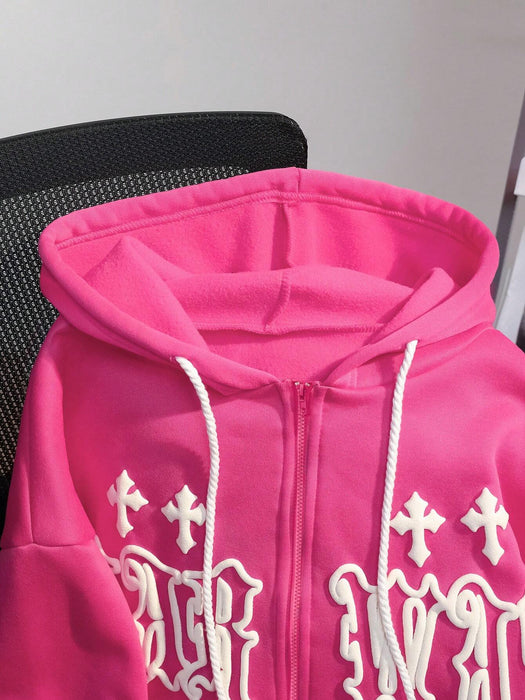 Shein Sudadera de manga larga con capucha, cordón ajustable y estampado de letras cruzadas para mujer