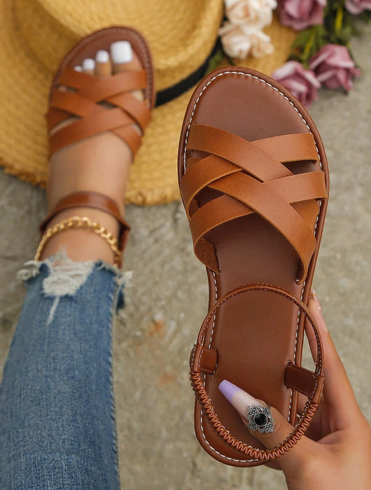 Sandalias planas romanas elegantes para mujer - Sin cordones, suela antideslizante