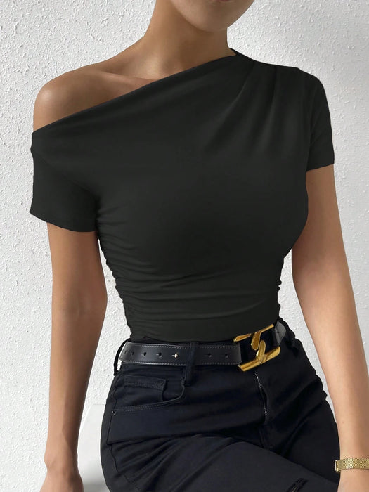 SHEIN Xyvia Camiseta fruncida de cuello asimétrico liso