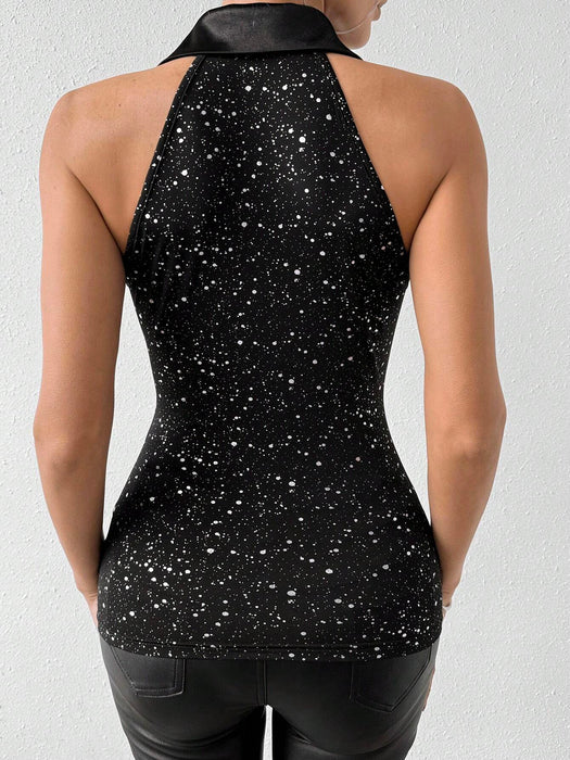 SHEIN Xyvia Top Sin Mangas Y Con Lentejuelas Para Mujeres Con Solapa