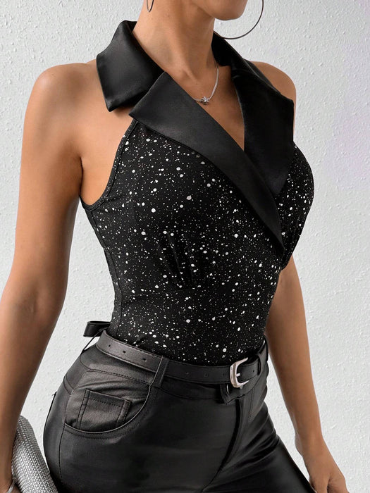 SHEIN Xyvia Top Sin Mangas Y Con Lentejuelas Para Mujeres Con Solapa