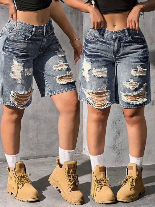 SHEIN Shorts vaqueros desgastados estilo Y2K, moda retro informal