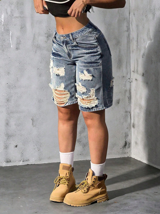 SHEIN Shorts vaqueros desgastados estilo Y2K, moda retro informal