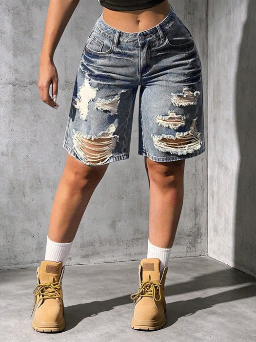 SHEIN Shorts vaqueros desgastados estilo Y2K, moda retro informal