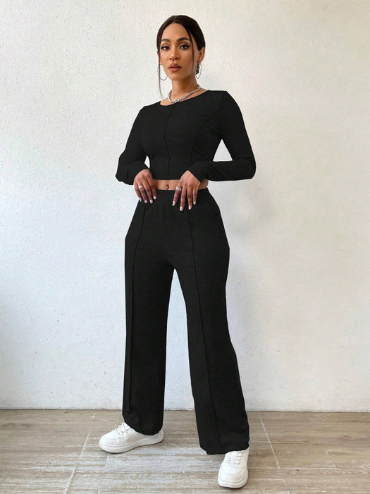 SHEIN Zolique Juego De Dos Piezas De Top Cortado Y Pantalones Para Mujer