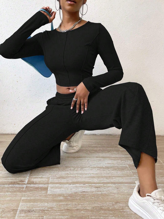 SHEIN Zolique Juego De Dos Piezas De Top Cortado Y Pantalones Para Mujer