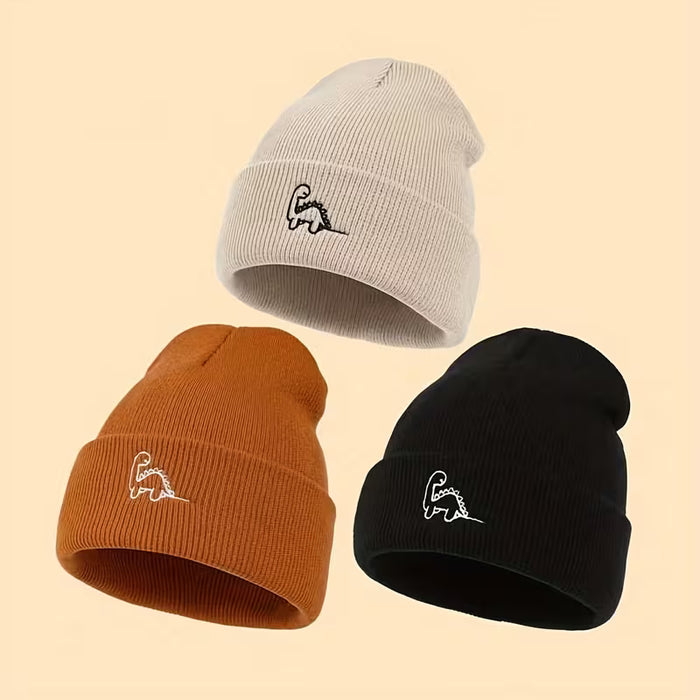 Juego de 3 gorros de punto sin borde con bordado de mini dinosaurio para niños
