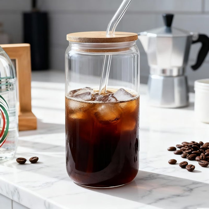 Juego de 1 vaso de vidrio de 350ml con pajita de vidrio y tapa de bamboo