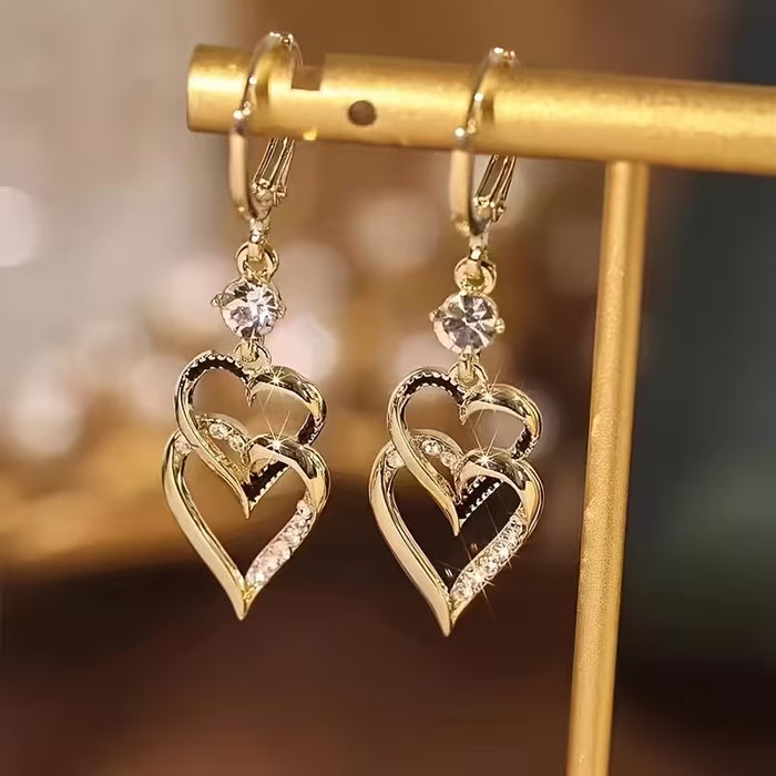 1 Par de Aretes de Corazón Dorado de Doble Capa