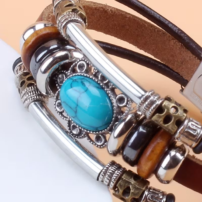 Pulsera de cuero sintético con cuentas turquesa retro, pulsera de correa