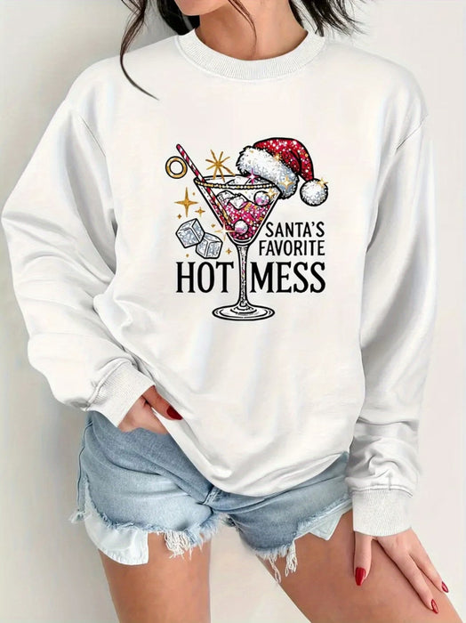 Sudadera casual de cuello redondo para chica, con estampado de bebida navideña