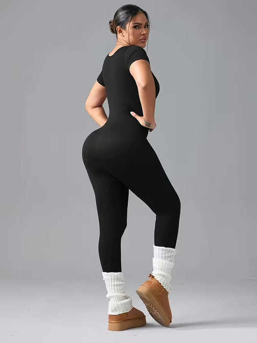 Mono de moda para mujer de color liso, con ajuste en la cintura, manga corta