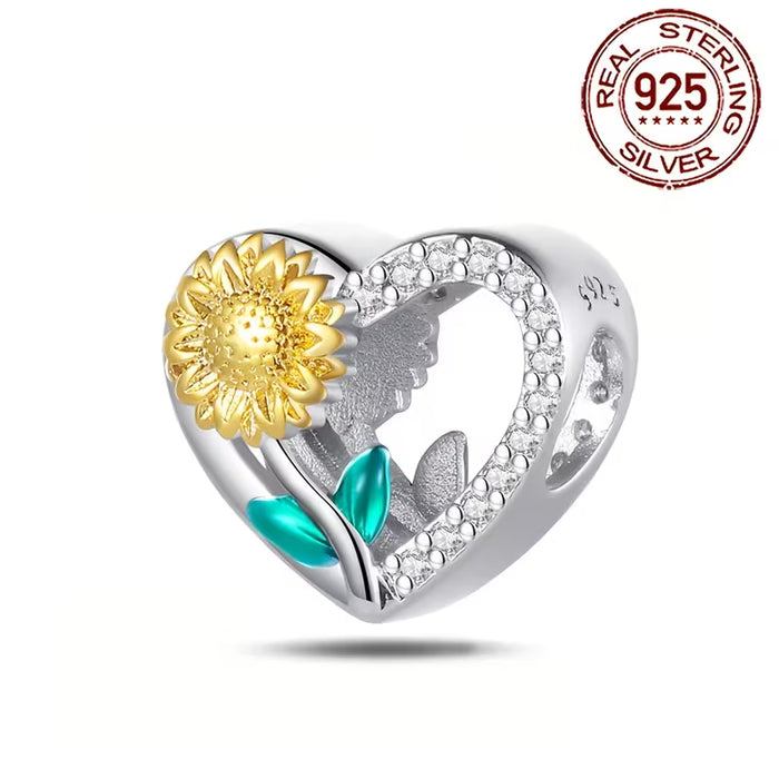 Dije de girasol en forma de corazón de plata de ley , apto para pulseras