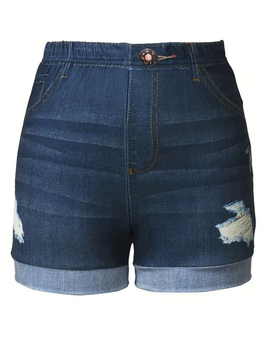 Pantalones Cortos de Estampado Denim Falso con Bolsillos Decorativos