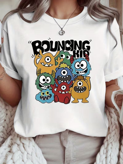 Camiseta casual de mujer con cuello redondo y estampado de dibujos animados
