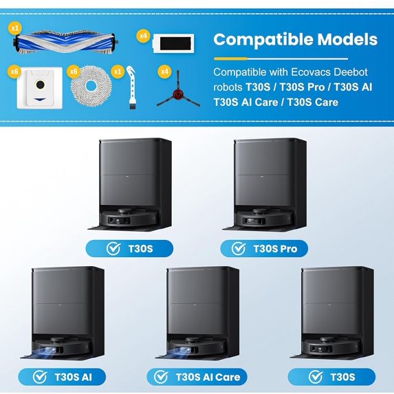 Kit de accesorios de 22 piezas compatible con las aspiradoras Ecovacs Deebot T30S, T30S Pro, T30S AI y T30S AI Care.