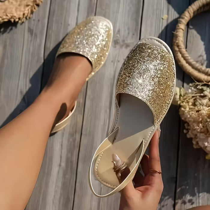 SHEIN Sandalias Elegantes para Mujer [Elegancia Casual] - Deslizantes Doradas con Purpurina