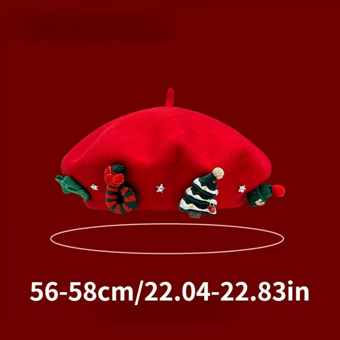 Boina navideña roja para mujer con adorno de árbol de Navidad 3D