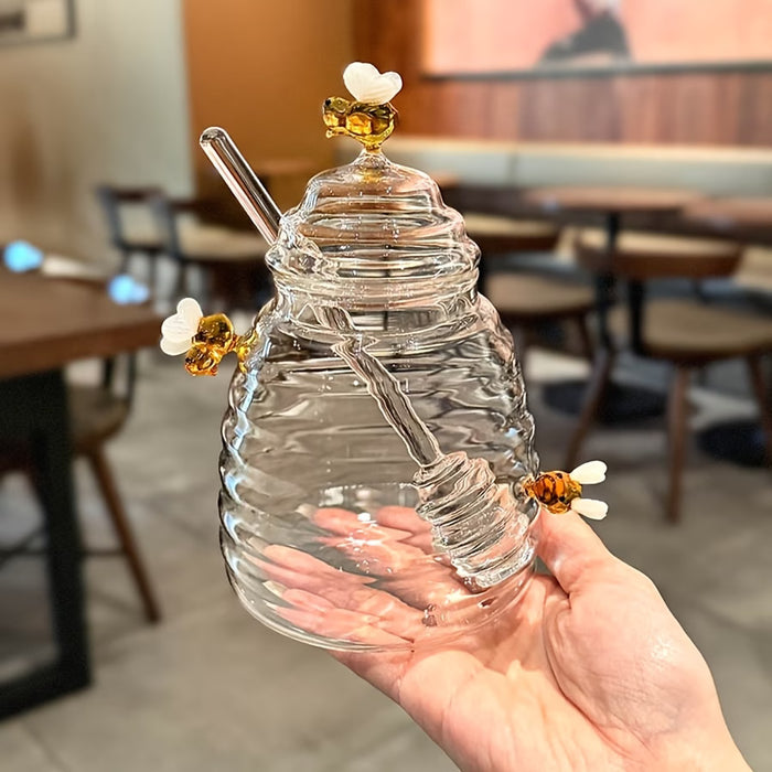 1 pza. Tarro de miel elegante con temática de abeja y cucharilla integrada de vidrio