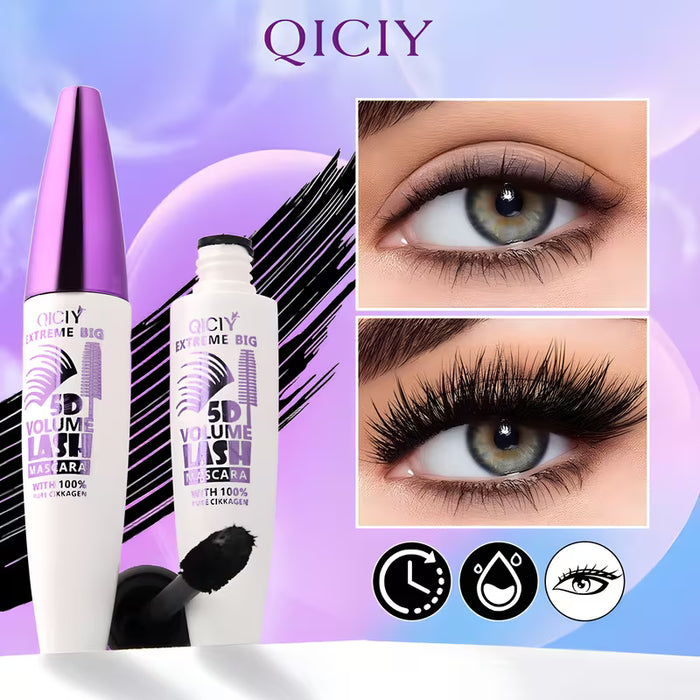Un máscara de pestañas gruesa, rizadora y alargadora que complementa el maquillaje de ojos