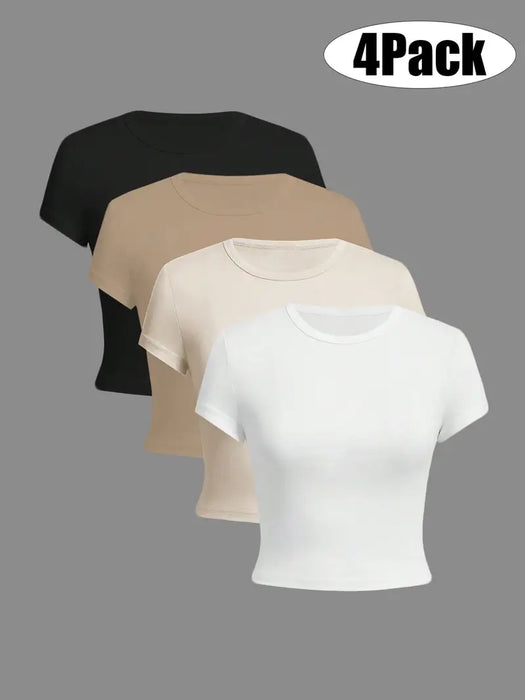 4 Camisetas de Manga Corta y Cuello Redondo, Color Sólido, Sencillas, Cómodas y Casuales