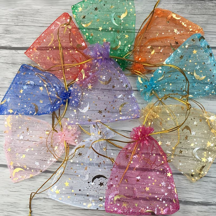 10pcs Bolsas de Organza Transparente con Cordón Estampado Luna y Estrellas